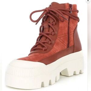 GIANNI BINI Rust Red Leather Lug Sole Platform‎ Bootie Sneaker High Top Size 6.5